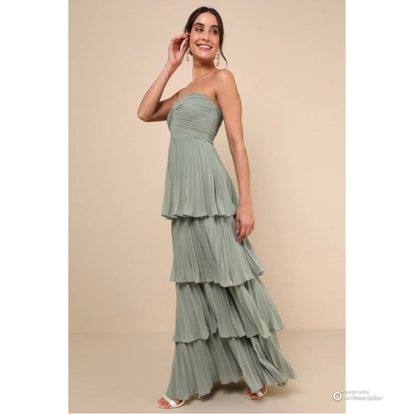 NWOT Lulus Size XS Seriously Sensational Sage Brush Strapless Tiered Maxi Dress - Picture 9 of 16